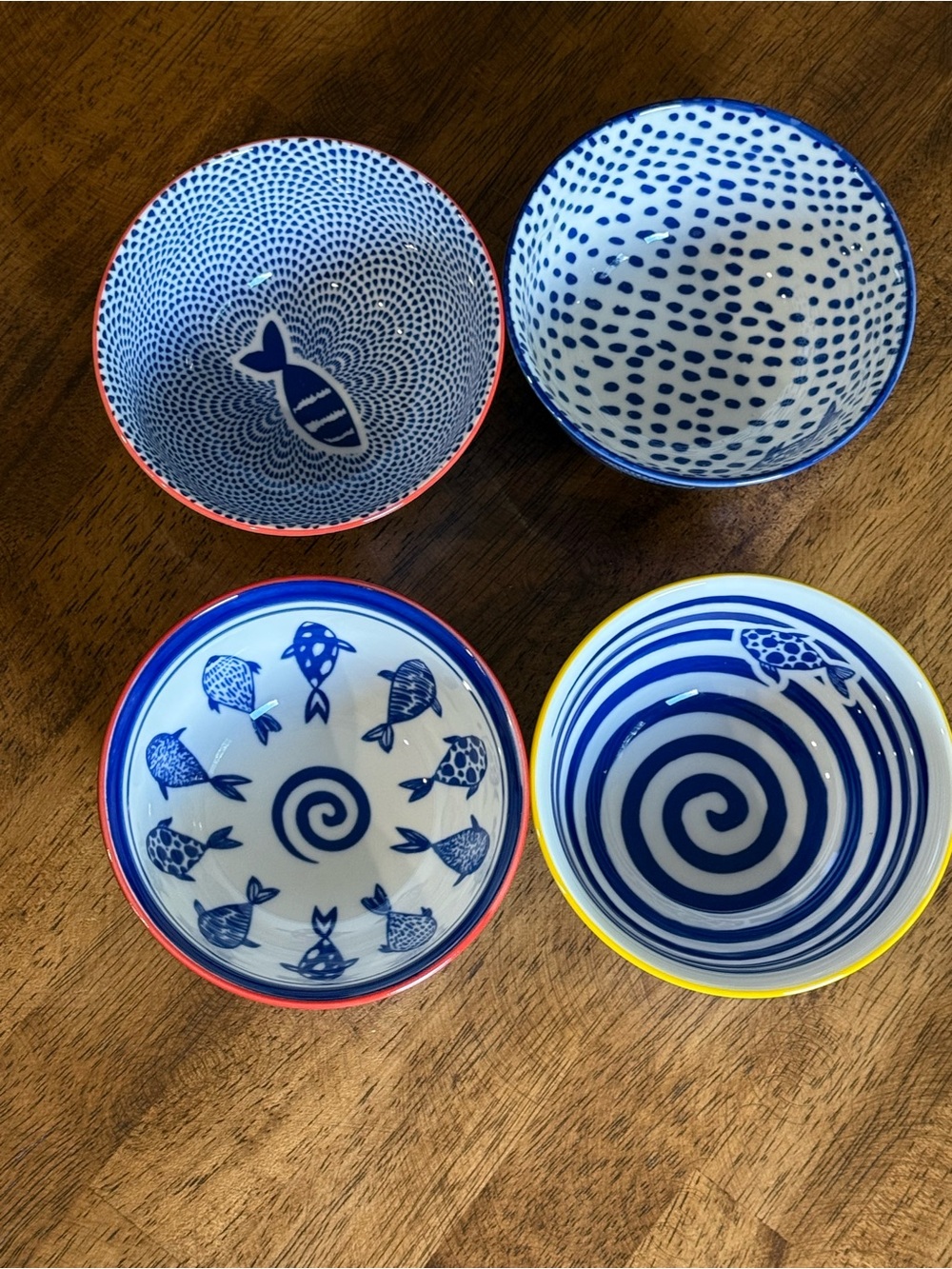 Blue & White Fish Ceramic Bowl Set (4) Coastal Nautical 4.5” Appetizer Sushi